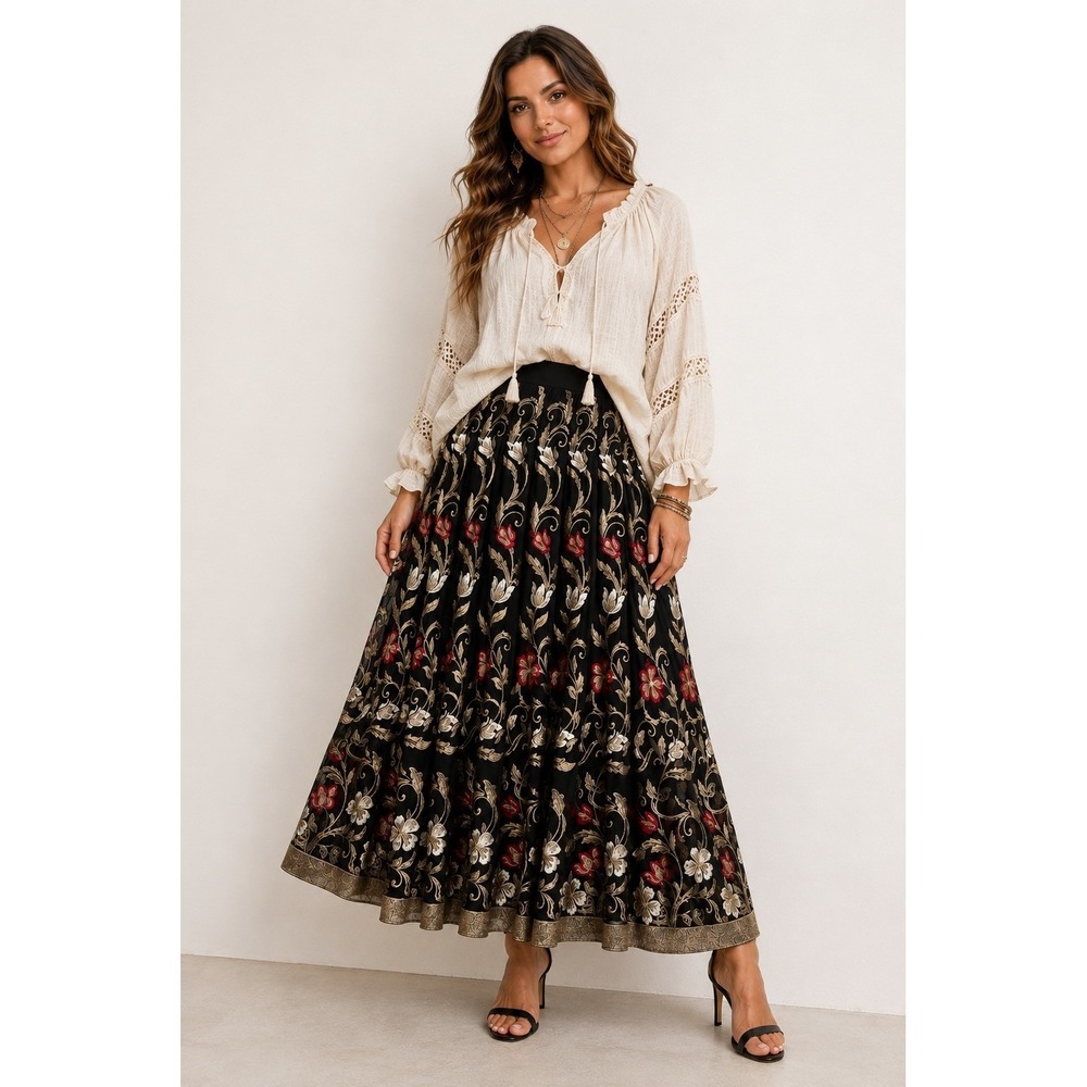 Soft Surroundings Maxi Skirt S Black Gold Floral Embroidered Mesh Smocked Boho